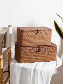 1pc Of Covered Woven Basket, Covered Woven Wicker Storage Box, Rectangular Storage Box, Covered Toy Storage Box, Beautiful Room Decoration, Home Decoration, Kitchen Decoration, Bathroom Decoration, Bedroom Decoration, New Year And Valentine's Day Gift