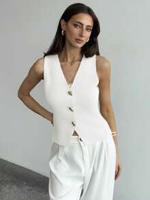 Aloruh Women's Solid Color V-Neck Front Button Casual Fashion Sweater Vest Summer Holiday Simple Commuter Sweater Vest With Unique Metal Buckle Office - White - View 4