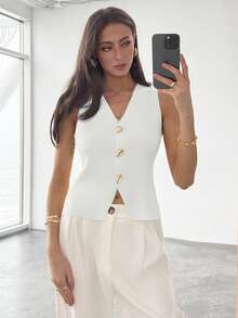 Aloruh Women's Solid Color V-Neck Front Button Casual Fashion Sweater Vest Summer Holiday Simple Commuter Sweater Vest With Unique Metal Buckle Office - White - View 6