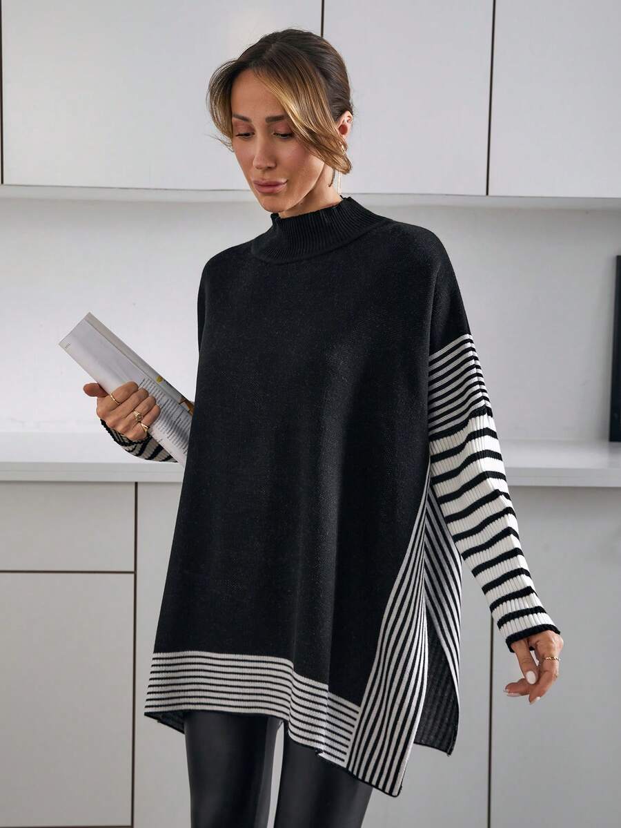 EURMUSE Women Stripe Pattern Round Neck Drop Shoulder Oversize Pullover Oversized Tops Sweaters For Women Plus Oversized Sweatshirt Woman Jumper For Woman Modest Tops For Women - Black - View 1