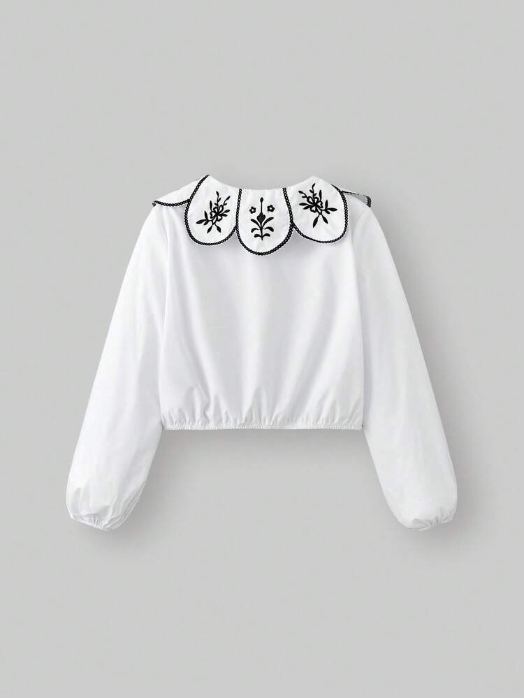 Tween Girl Embroidered Collar Long Sleeve Lantern Sleeve Blouse Fall Winter