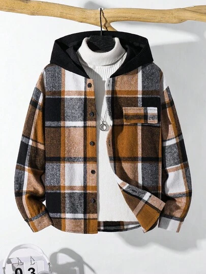 SHEIN Tween Boys' Casual Everyday Comfortable Plaid Patchwork Loose Fit Button-Up Long Sleeve Shirt Fall Winter Suitable For Birthday Parties, Evening Parties, Performances, Weddings, Baptisms, Opening Ceremonies Daily Suitable For Daily Use Suitable For School Suitable For Travel Suitable For Sports Suitable For Autumn And Winter