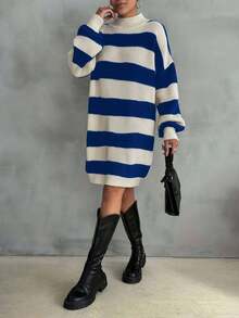 SHEIN Cottnline Women Drop Shoulder Sweater Dress With Striped Pattern - Royal Blue - View 2
