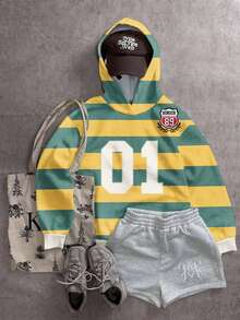 SHEIN EZwear Áo nỉ in họa tiết với các sọc tương phản rực rỡ, hình ảnh huy hiệu số, phù hợp cho mùa thu/đông, các cuộc đua, phong cách đường phố retro sành điệu. - Nhiều màu - Xem 6