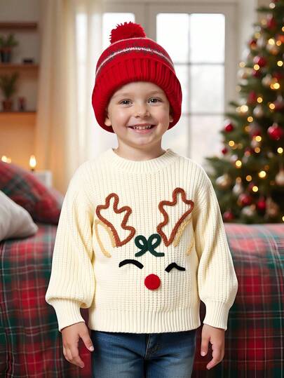 SHEIN Playful Pals Suéter de cuello redondo de manga larga tejido para niños y niñas, adecuado para otoño/invierno, color beige, versátil para uso diario, con diseño bordado a mano de renos navideños, elegante y lindo, apropiado para vacaciones, Navidad, hogar, exterior, viajes, escuela