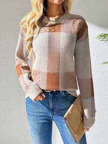 EMERY ROSE Suéter holgado de cuadros de colores bloque, otoño/invierno - Caqui - Ver 6