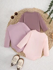 SHEIN Playful Pals Newborn Baby Girls/Boys White Solid Color Crossed Collar Comfortable Cute Fun Elegant Simple Fashion Soft Long Sleeve Elastic Bodysuit Outfit Set