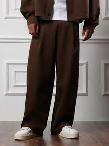 SUMWON مجموعة قميص كبير مربع مع طوق وبنطال ساق واسعة، طراز الشارع الكاجوال للخريف والشتاء، موضة معاصرة بقصة فضفاضة من قطعتين - بني - مشاهدة 3