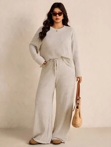 Elaquor Plus Size Striped Long Sleeve Top And Pants Two Pieces Casual Vacation Set Clothes For Women Spring