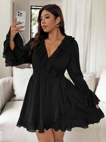 Vionelle Vestido largo y corto de mujer talla grande de primavera/verano, estilo francés romántico de Sicilia, elegante y casual, para ir a trabajar, de vacaciones, para tomar el té de la tarde, de unicolor, de gasa con pliegues, cruzado con lazo, de doble capa con volantes en las mangas, forrado