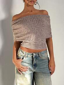 EgrlEra Áo dệt kim trễ vai phong cách đường phố retro thường ngày dành cho nữ, thích hợp cho mùa thu đông. - màu nâu - Xem 4