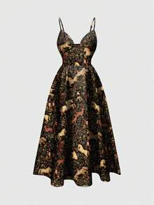 ROMWE Fairycore Romantic Deer Print Sleeveless Low-Cut Sexy Dress, Autumn/Winter - Black - View 2