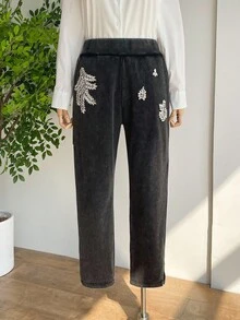 SHEIN LUNE 大码女装秋冬黑色高腰闪亮钻石装饰裤弹力面料派对圣诞长裤哥特式女装舒适透气裤 - 黑色 - 查看 3