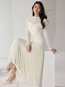 Heiryn Vestido de mujer elegante de unicolor y textura - Albaricoque - Ver 3