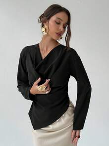 Aloruh Áo cánh nữ thanh lịch màu trơn ve áo viền bất đối xứng - màu đen - Xem 4