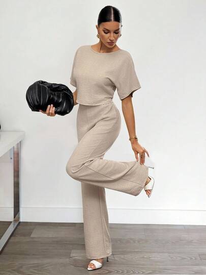 SHEIN Tall 2pcs Women Solid Color Pleated Shirt And Pants Casual Suit, Suitable For Autumn, Casual And Professional,Cozy Fall And Winter Clothes For Women