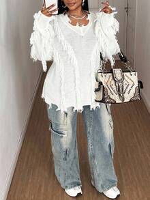 SHEIN CURVE+ 大码女装秋冬毛衣长袖套头衫纯色白色V领破洞针织毛衣设计感宽松休闲万圣节朋克朋克针织毛衣女装日常通勤上衣黑色辣妹针织毛衣 - 白色 - 查看 4