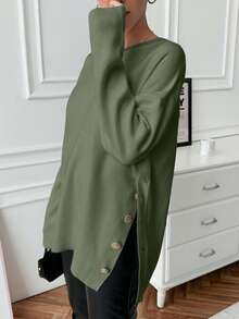 EURMUSE Women's Casual Crew Neck Pullover Sweater With Side Button - Mint Green - View 6