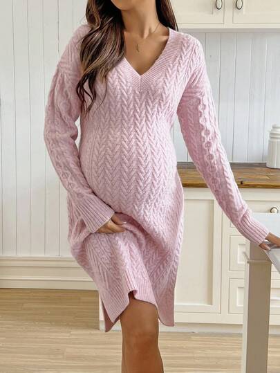 SHEIN Solid Color V-Neck Casual Versatile Long Sleeve Maternity Sweater Dresses