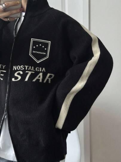 FRIFUL 女士撞色立领双拉链金属拉链刺绣字母装饰宽松休闲百搭开衫，秋季