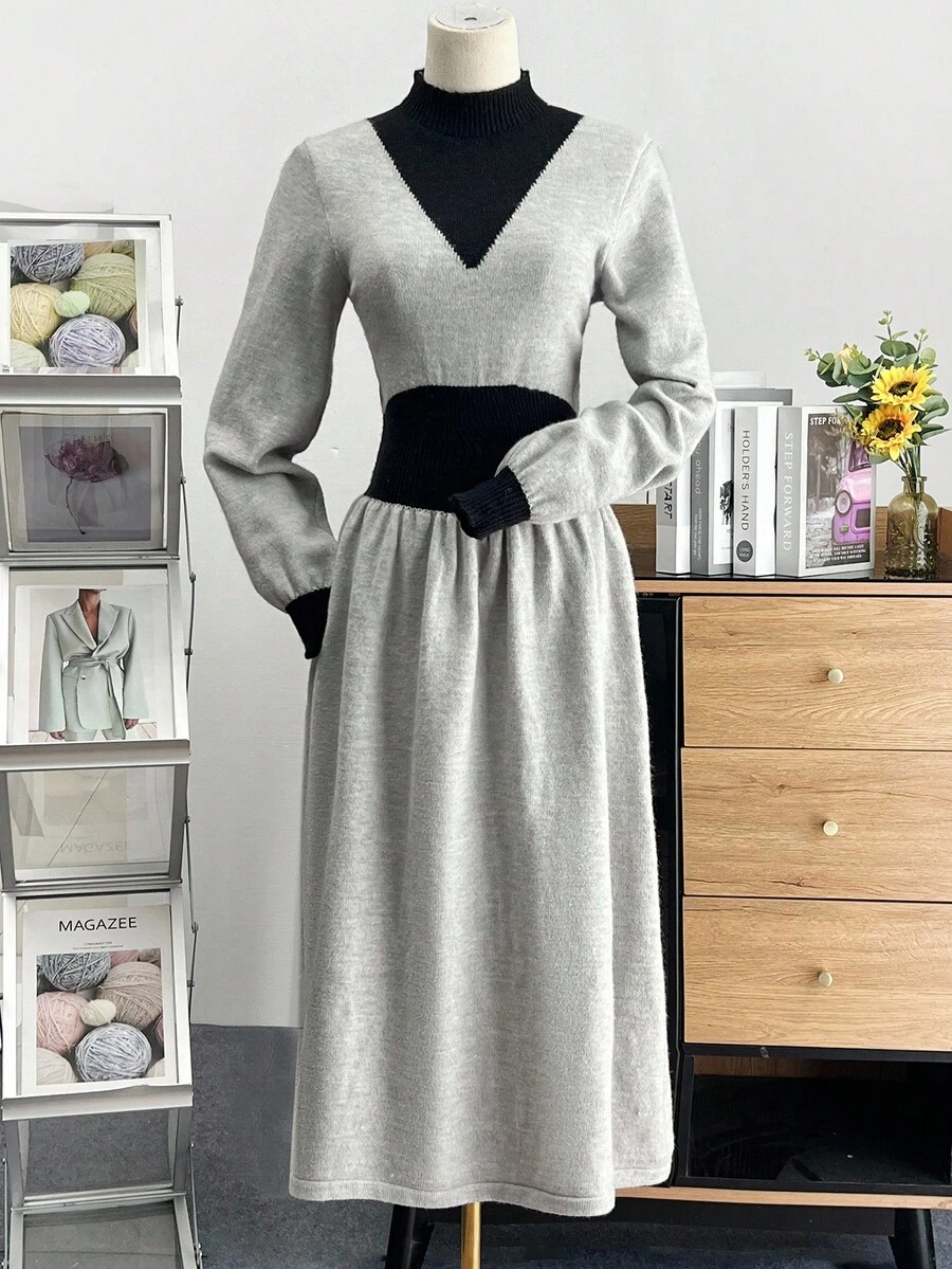 SHEIN Franclia Turtleneck Color Block Fitted Elegant Knit Dress, Extra Long A-Line Knit Sweater Dress, Thick Autumn/Winter - Grey - View 1