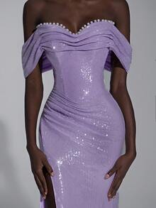 Elitara Elegant And Gorgeous Purple Sequined One-Shoulder Hand-Pleated Pearl Embellishment Fishtail Style Side High Slit Suitable For Wedding Events, Autumn And Winter Party Dresses, Wedding Guests, Women's Luxury Evening Dresses, Halloween And Christmas Dresses