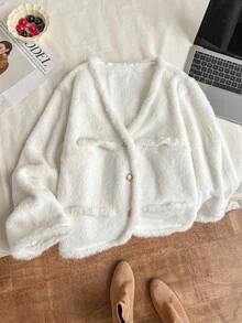 SHEIN EZwear 大码女式纯色性感简约毛绒薄款夹克，秋冬 - 白色 - 查看 1