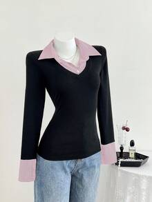 Elamini 女士休闲合身针织条纹衬衫 - 粉色 - 查看 6