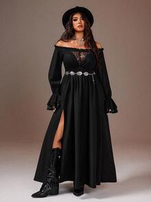 Rustia 大码女式性感露肩蕾丝拼接侧开衩时尚连衣裙 - 黑色 - 查看 1