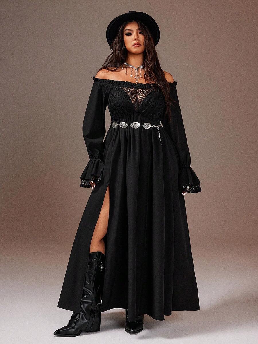 Rustia 大码女式性感露肩蕾丝拼接侧开衩时尚连衣裙 - 黑色 - 查看 1