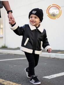 TaviRue 婴儿/男婴/女婴棉衣，冬季外套，PU 皮大衣，羊毛加厚秋冬装，拼接撞色黑色 PU 皮革摩托车夹克，舒适日常百搭时尚休闲复古风格，适合室内、户外、日常、运动、玩耍、派对、拍照、节日、万圣节、圣诞节、新年