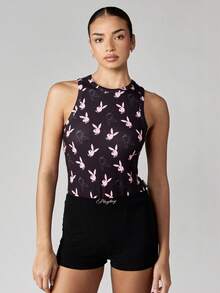 Missguided x Playboy 复古风格兔子印花无袖高领紧身衣经典修身夏季家居服休闲全身图案节日趣味 - 彩色 - 查看 5