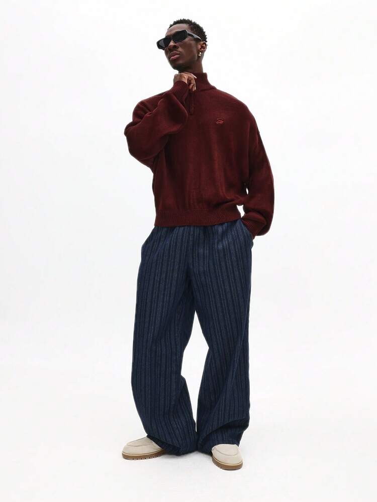 Quarter Zip Knitted Jumper With Ribbed Collar