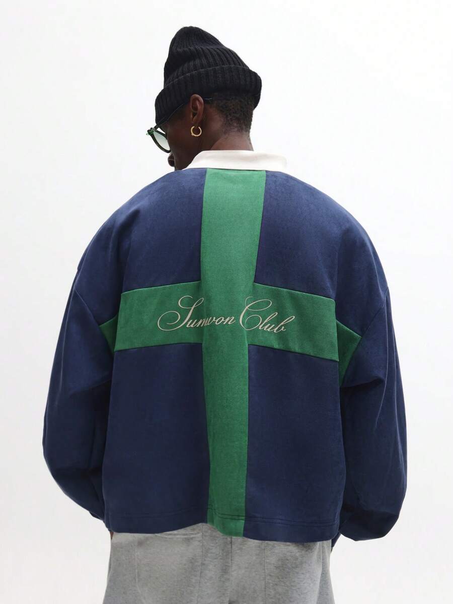 SUMWON Regular Classic Long Sleeve Premium Suede Polo Shirt With Cross Back Design Autumn Winter Essential Casual Ribbed Collar Placket Rugby Style