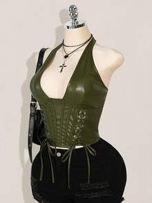 SHEIN ICON Áo hở vai cổ chữ V màu đỏ tía đơn giản, đơn giản, chất liệu da PU cỡ lớn dành cho nữ, màu trơn, đơn giản, thường ngày, có lỗ xỏ khuyên trang trí, áo ba lỗ buộc dây Y2K khi đi chơi - Màu xanh Ô liu - Xem 6
