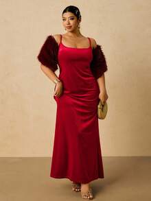 SHEIN VCAY Váy maxi dài chấm đất dệt kim hở lưng màu trơn, chất liệu nhung gợi cảm, thanh lịch, dành cho tiệc Giáng sinh và năm mới cỡ lớn dành cho nữ, mùa thu/đông - Đỏ - Xem 5