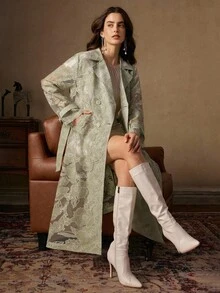 Anewsta 优雅束腰长袖喇叭形前系带玫瑰烂花女式风衣，露肩，商务休闲，秋冬 - 綠色 - 查看 1