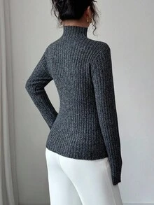 SHEIN Elenzya 女士时尚优雅立领长袖精致毛衣 - 深灰色 - 查看 2