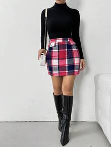 EMERY ROSE Váy mini bodycon kẻ caro cổ điển xẻ tà dành cho nữ, Thu/Đông - Đỏ - Xem 4