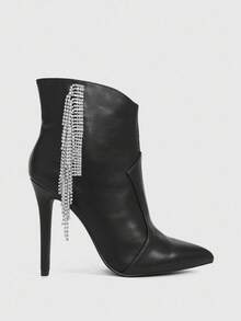 CUCCOO SZL Women's Fashionable Black Fringe Rhinestone Pointed Toe Stiletto Ankle Boots - Black - View 9