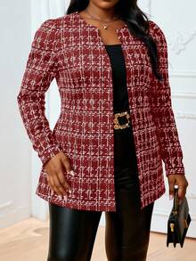 SHEIN Lady 2025新款加大码女式优雅格纹印花开襟酒红色粗花呢外套，红色圣诞外套，冬季新年时尚单品 - 酒紅色 - 查看 3
