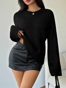 SHEIN PETITE Women's Black Solid Color V-Neck Loose Knit Sweater, Suitable For Petite Size, Autumn/Winter,Fall,Black Top