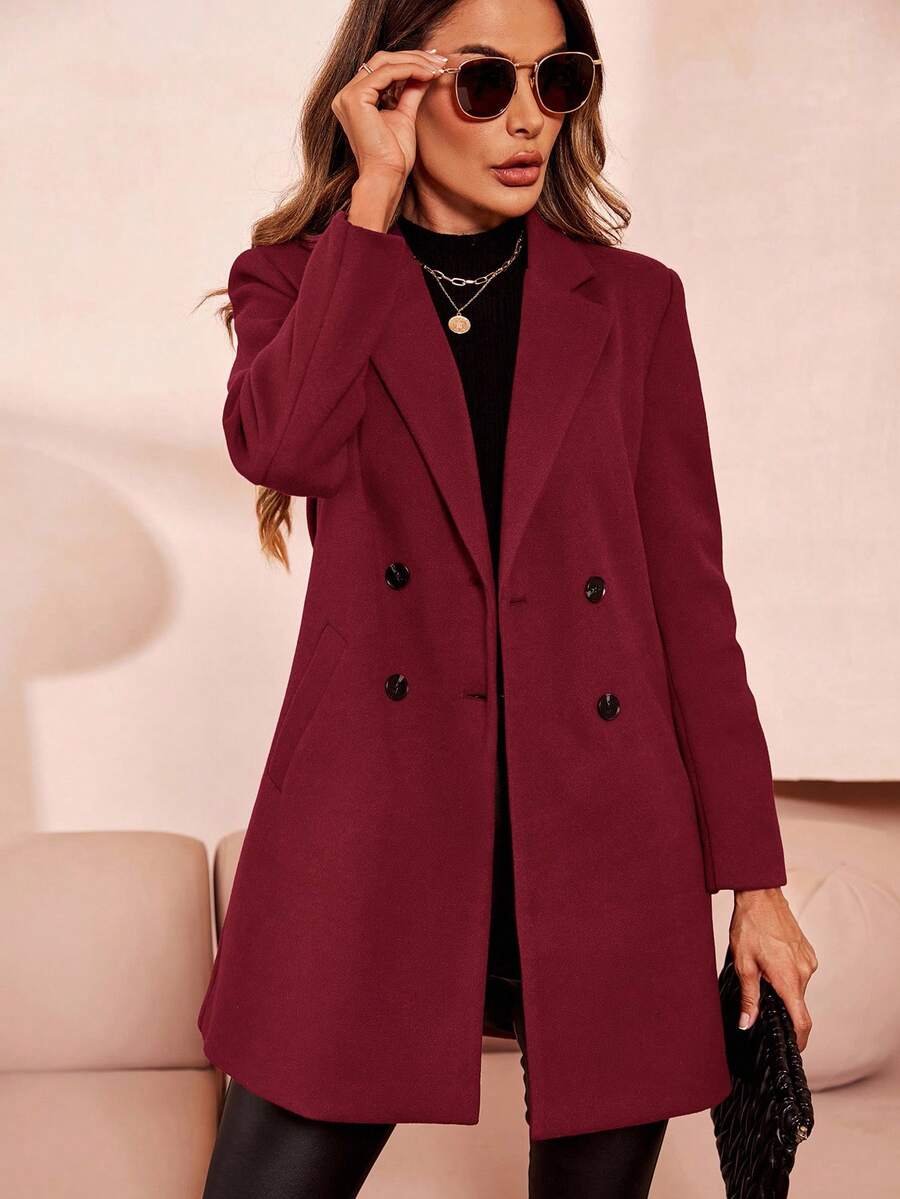 SHEIN Clasi 女式纯色双排扣休闲长袖大衣,秋冬 - 紅色 - 查看 1