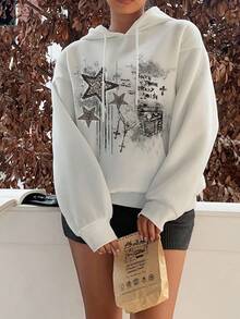 Attitoon Áo sweatshirt phong cách vintage, họa tiết ngôi sao, chữ thập, túi ngực, grunge, punk, gothic tối màu, dáng rộng, dày dặn, phù hợp cho mùa thu/đông, phong cách đường phố, sành điệu, Y2K. - trắng - Xem 2