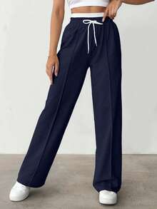 EURMUSE Women's Cotton Belt Detailed Sweatpants - Navy Blue - View 8