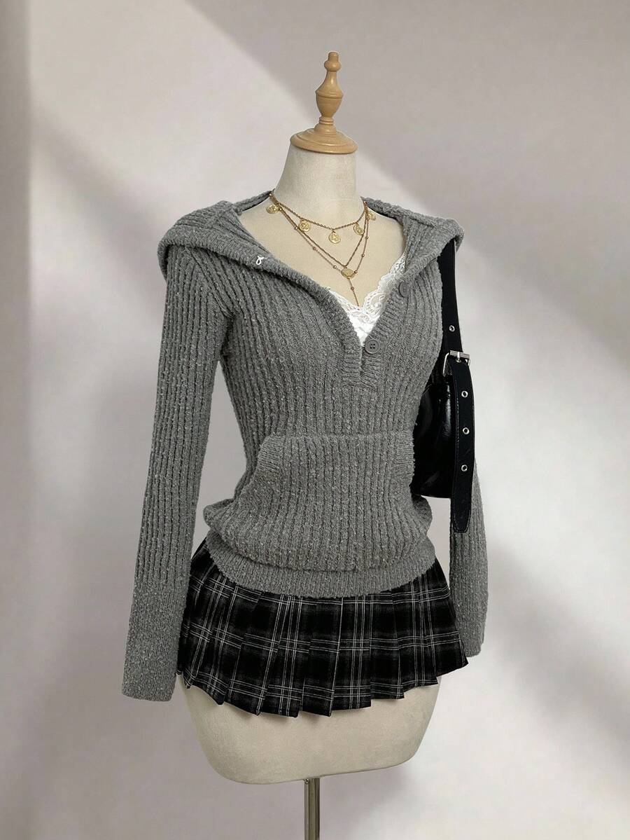 Elamini Casual Versatile Solid Color Hooded Women Sweater - Grey - View 1