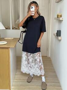 SHEIN LUNE Camiseta holgada de manga corta de cuello redondo y unicolor, y vestido de encaje, de moda para salidas y viajes - Azul y blanco - Ver 6