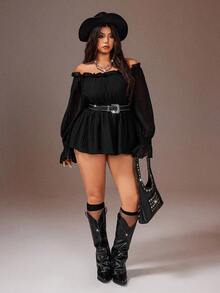 Rustia Plus Size Women Solid Color Casual Minimalist Off-Shoulder Blouse - Black - View 2