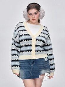 ROMWE Kawaii Große Größen Lässig vielseitiger schlankheitsoptimierender Fair Isle Strickjacke, Herbst/Winter - Grau - Übersicht 1