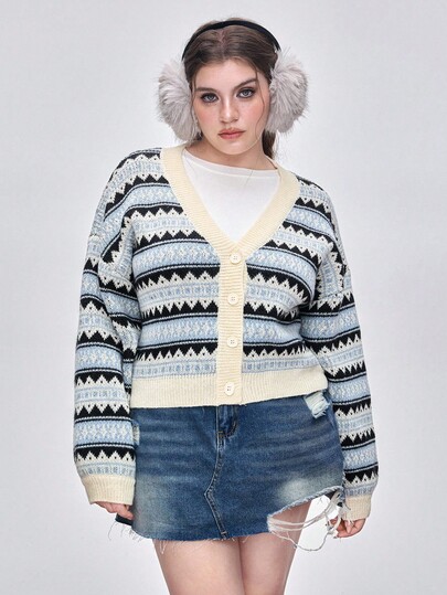 Kawaii Cardigan lavorato a maglia Fair Isle casual e versatile, taglie comode, adatto per autunno/inverno